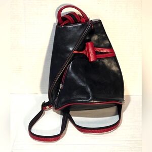 Leather Sling Crossbody Backpack Bag-Purse Black Red